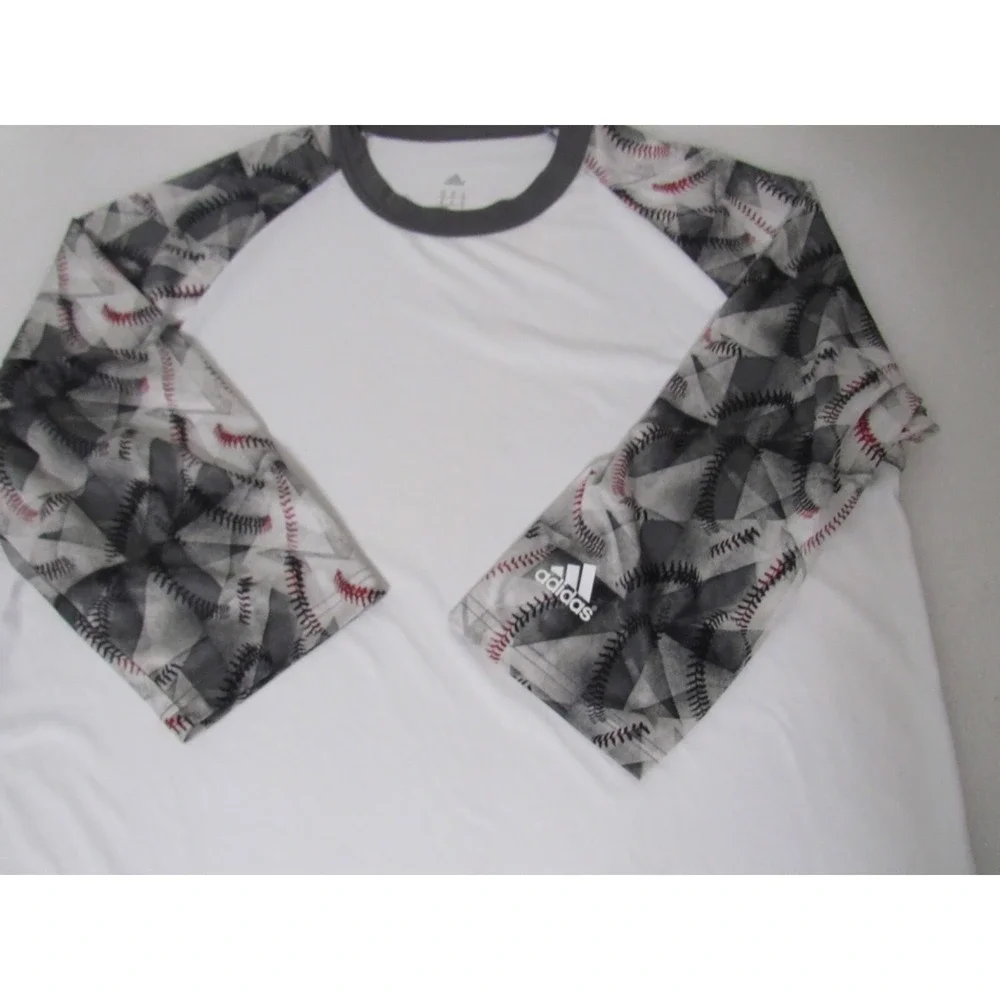 Adidas 3/4 Sleeve White Gray Baseball Poly Stretch Activewear Novelty Sz XL‎